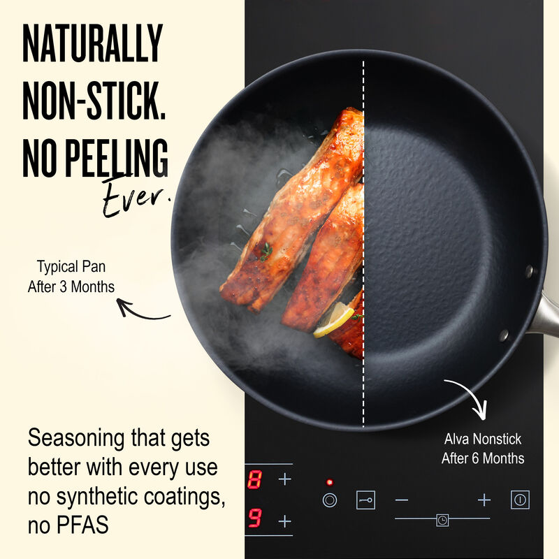 Alva Black Angus Naturally Nonstick Carbon Steel Frying Pan 2-Piece Set - Pre-Seasoned, Oven Safe and Made without PFAS, PFOA & PTFE - Induction and All Stovetop Compatible with Even Heat Distribution
