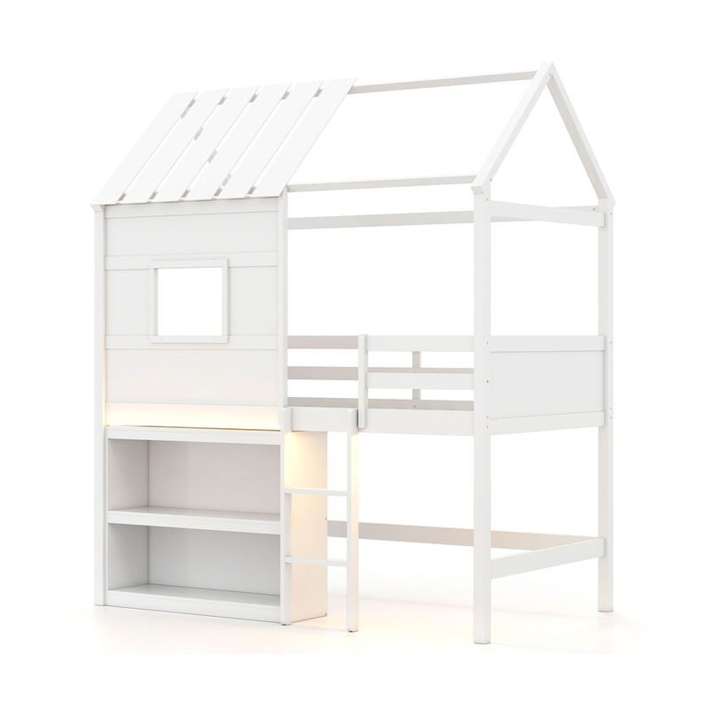 White Twin Loft Bed with Playhouse Design, LED Lights & Storage Bookshelf image number 0