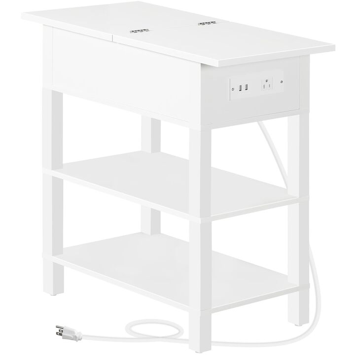 HOOBRO End Table with Charging Station, Flip Top Side Table with USB Ports, Narrow Nightstand Bedside Tables with Storage Shelve