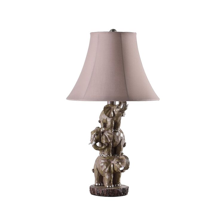 21 Inch Accent Table Lamp, 3 Stacked Elephants, Linen Bell Shade Brown Gray - Benzara