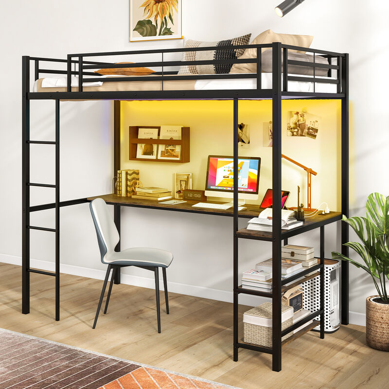 Loft Bed Raised Platform Bed with Desk and 2 Storage Shelves