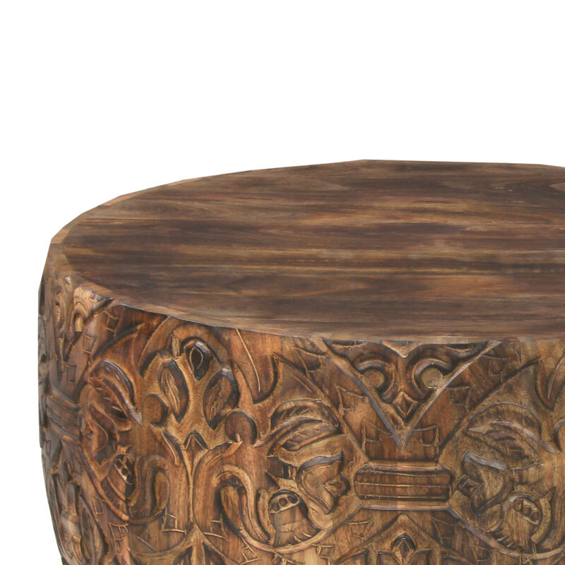 Rea 34 Inch Handcrafted Mango Wood Coffee Table, Round Drum Shape, Carved Damask Pattern, Walnut Brown