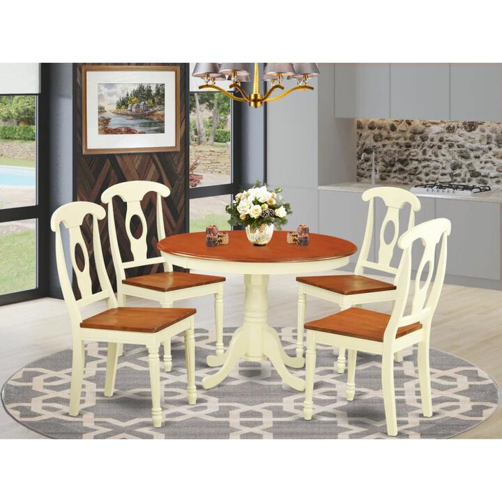5 Pc set with a Round Small Table and 4 Wood Dinette Chairs in Buttermilk and Cherry .