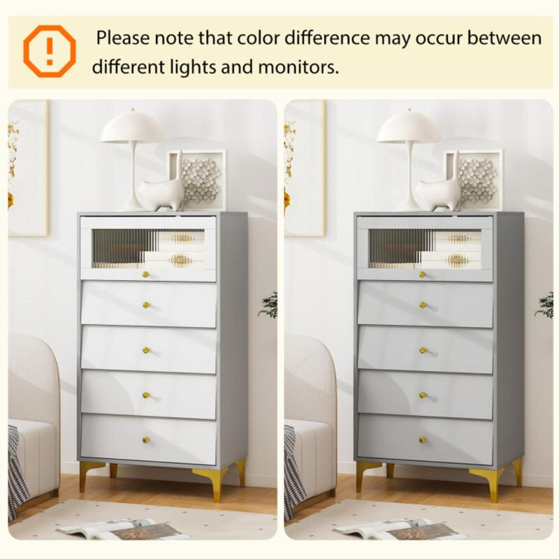 Hivvago 4 Drawer Modern Storage Cabinet with Flip Up Fluted Glass Door