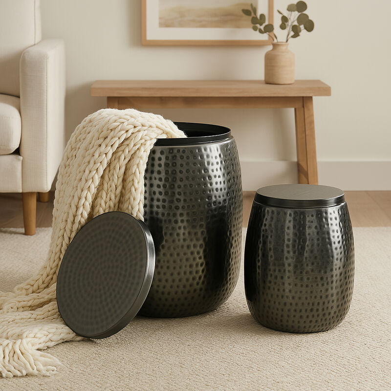 Merida Modern Rustic Hammered Metal Drum Storage Side Table with Lid