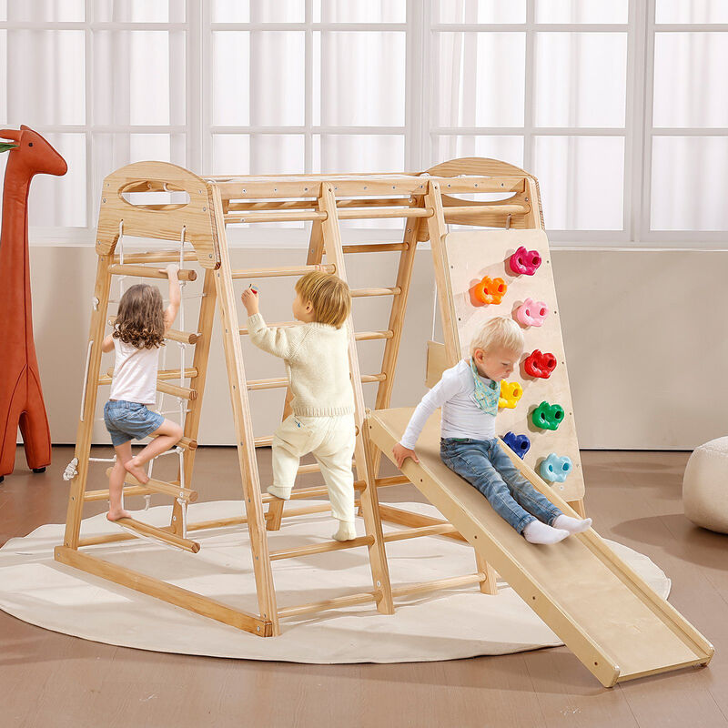 7-in-1 Indoor Jungle Gym for Toddlers with Slide Swing Monkey Bar and Climbing Wall
