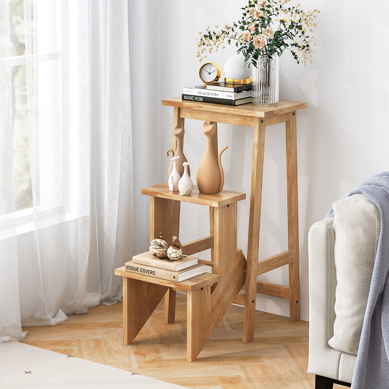 Rubber Wood Folding Ladder Step Stool with 3 Storage Tiers