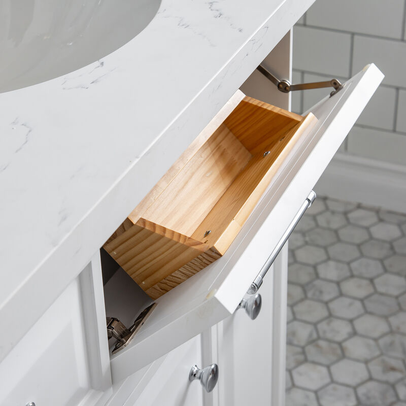 Palace 60 In. Double Sink Carrara Quartz Countertop Bath Vanity in Pure White with Chrome Hardware