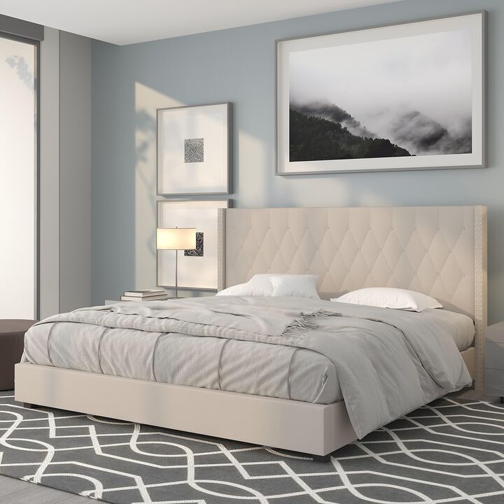 Flash Furniture Riverdale King Size Tufted Upholstered Platform Bed in Beige Fabric