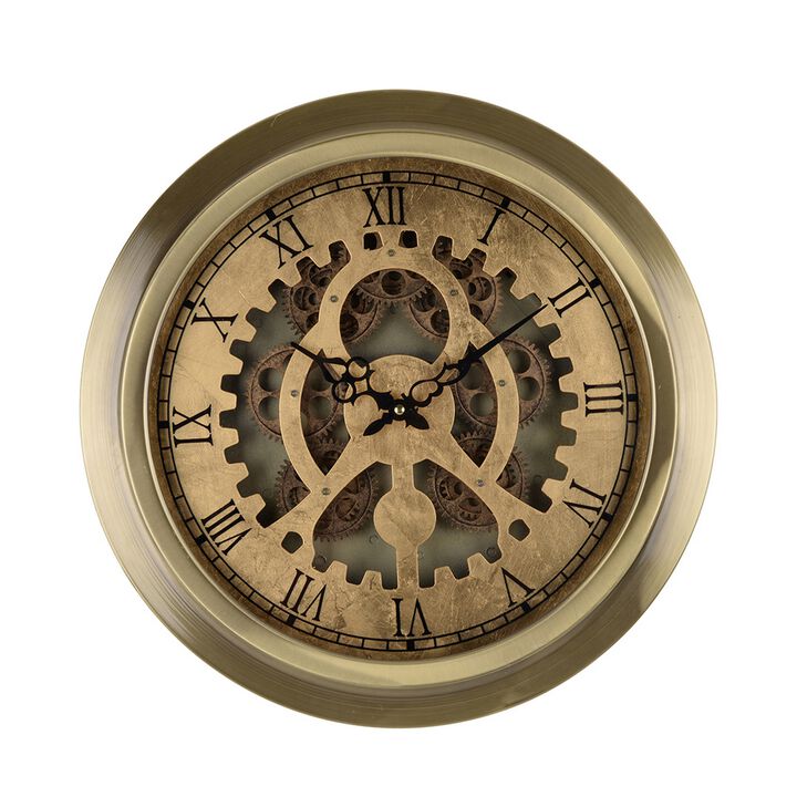 Reny 18 Inch Round Wall Clock, Gear Design, Roman Analog, Gold Bronze - Benzara