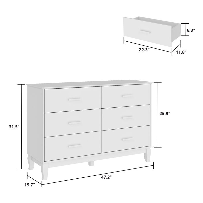 White Wooden Accent Storage Cabinet, Dresser, Chest, Vanity, with 6 Large Drawers, for Bedroom, Livingroom