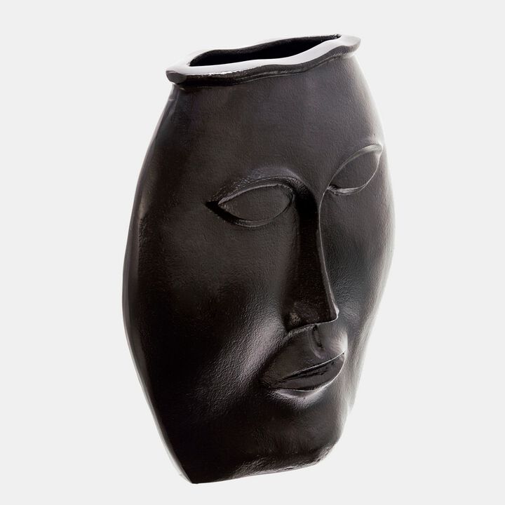 14 Inch Vase, Facial Structure, Modernistic Round Black Aluminum Frame - Benzara
