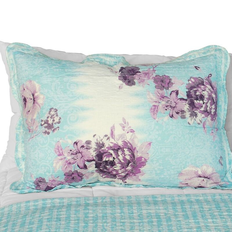 Queen Size Cotton 3-Piece Floral Printed Quilt Set with Vermicelli Quilted Design image number 2