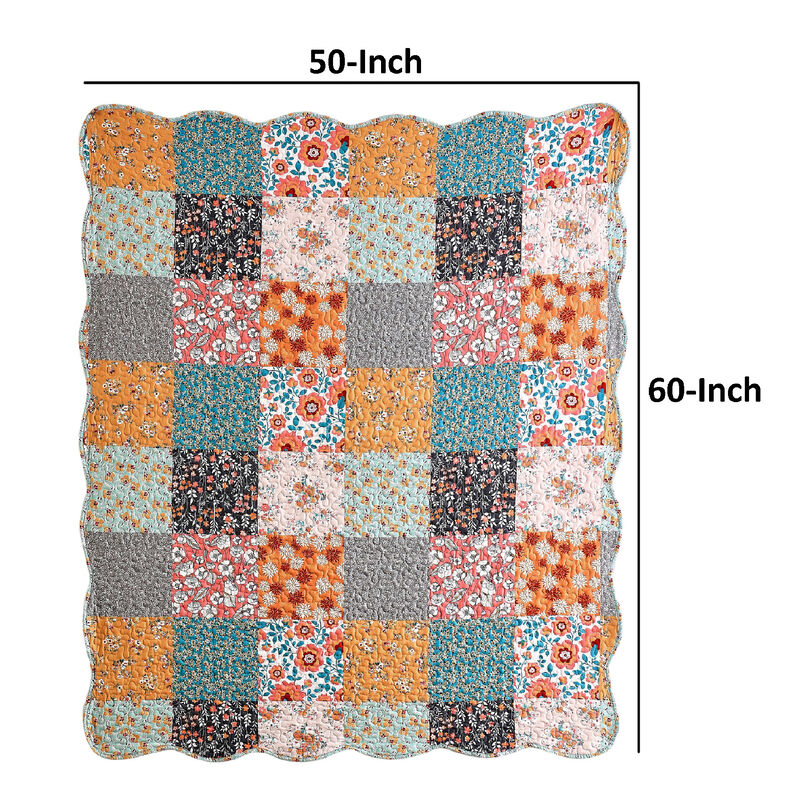 Turin 60 Inch Throw Blanket, Microfiber, Patchwork Floral Print, Multicolor - Benzara