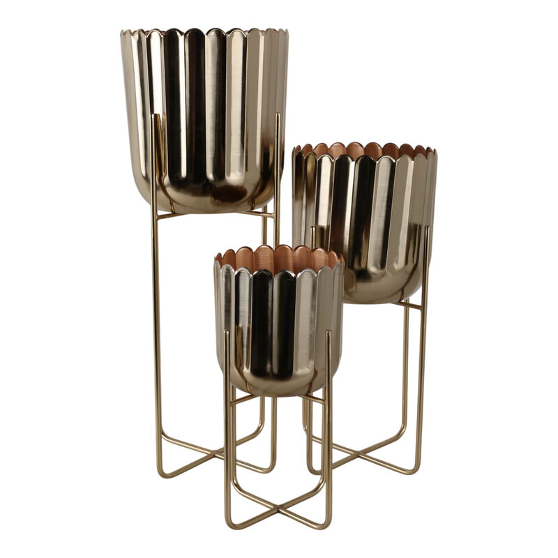 S/3 15/20/27" Scallop Metal Planter On Stand, Gold image number 4