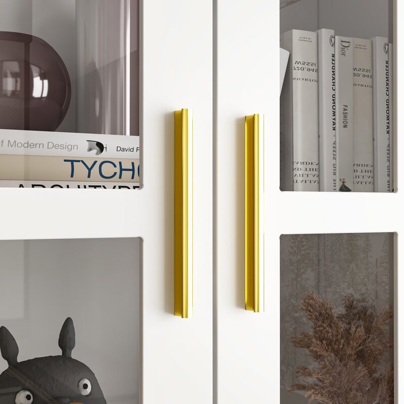 FUFU&GAGA Modern Bookcase with Glass Doors, 3 Fixed Shelves, and Spacious Drawers, Elegant Storage Cabinet for Living Room, Office, and Bedroom (70.1"H x 31.5"W x 15.4"D)