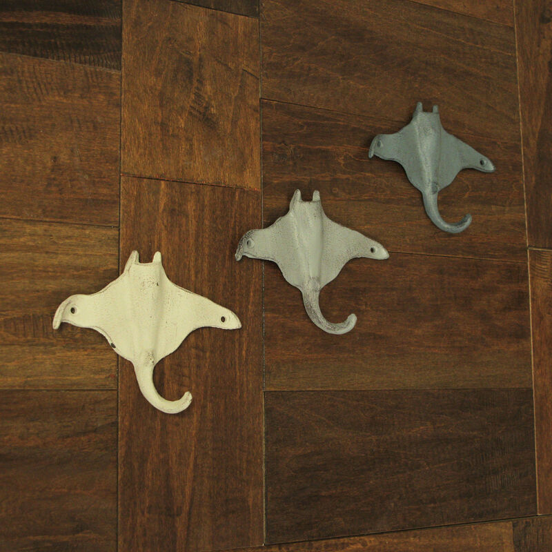 Set of 3 Cast Iron Stingray Wall Hooks 6.25 Inches Long&ndash; Easy to Hang - Blue ,Gray, White - Coastal Decor Perfection for Beach Towels, Keys or Coats image number 5
