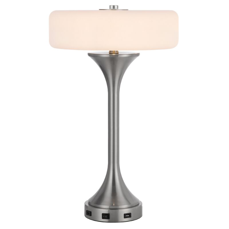 Table Lamp, USB Ports, Frosted White Glass Shade, 22 Inch Brushed Steel image number 2