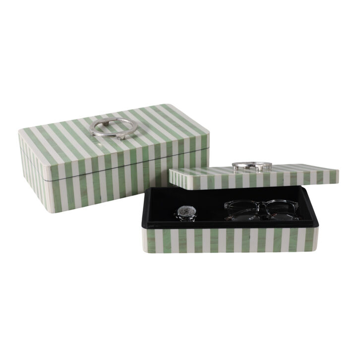 S/2 12/14? Strpd Resin Boxes W/ Hardware, Grn/ivry