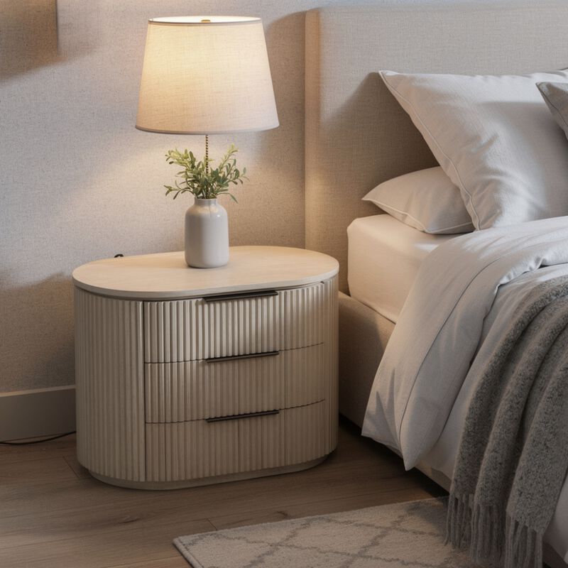 Dery Nightstand with USB Ports, 3 Ribbed Front Drawers, Light Oak Brown image number 6