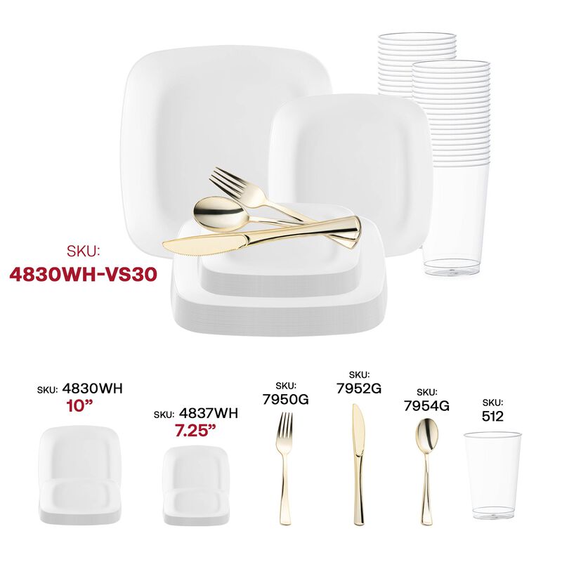 Solid White Flat Rounded Square Plastic Wedding Value Set (30 Sets) image number 5