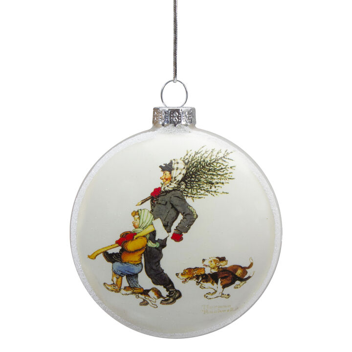 3" Norman Rockwell 'Bringing Home The Tree' Glass Christmas Disc Ornament