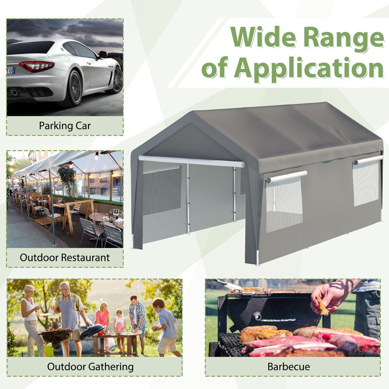 Heavy Duty Steel Canopy Tent with Roll-up Ventilated Windows, Garage Carport with Removable Sidewall & Doors