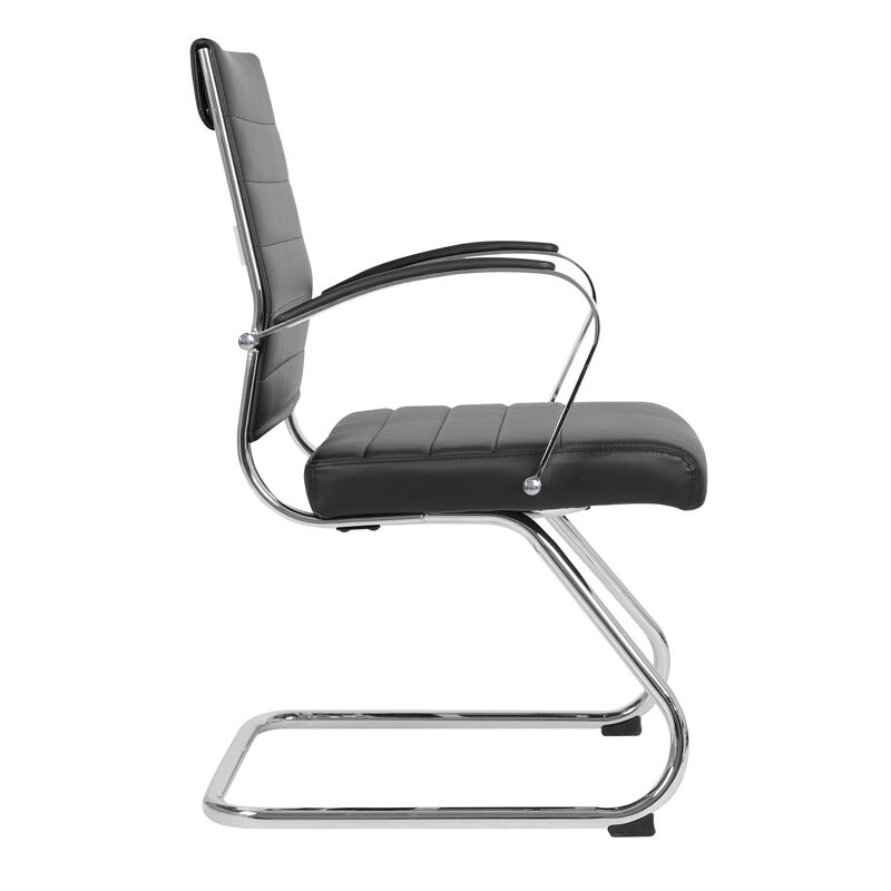 LeisureMod Benmar Guest Office Chair, Ribbed Leather Upholstery with Chrome Arms and Sled Base, Modern Desk Seating for Home or Conference Room