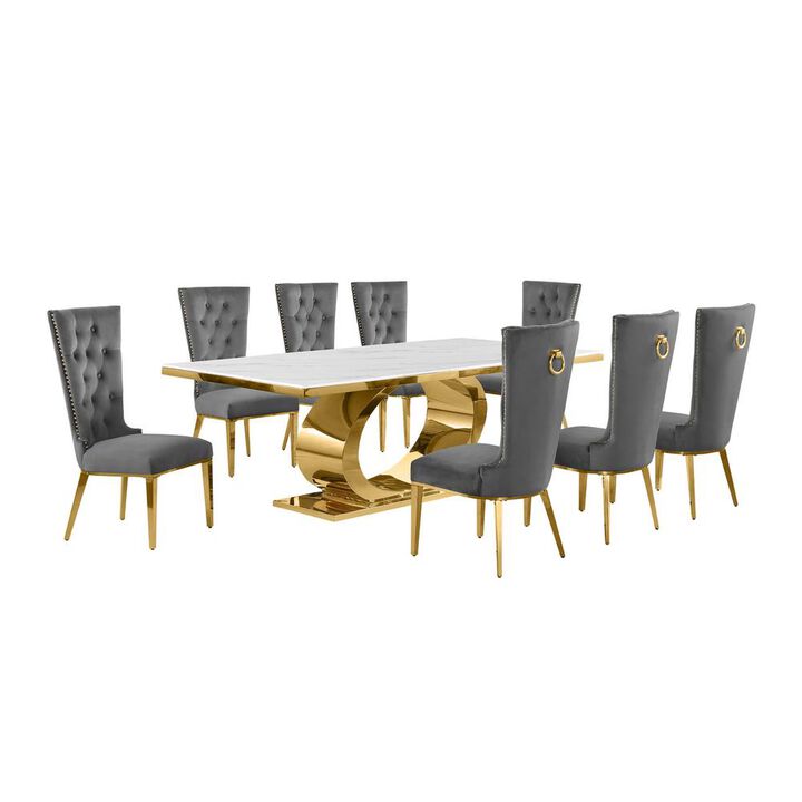 Best Quality Furniture 9pc Large(87) marble top dining set with gold base and 8 Dark grey side chairs