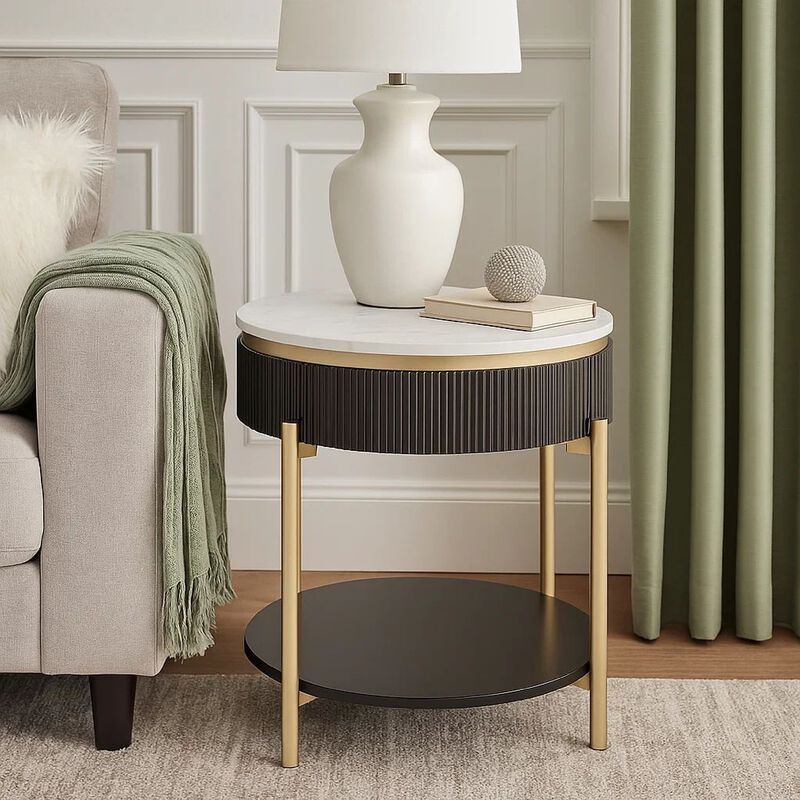 Ville 23 Inch Round Side End Table, White Faux Marble Top Brown Reeded Edge