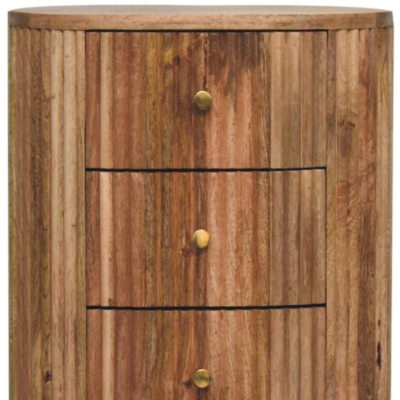 HomeRoots 23" Natural Solid Wood Ribbed Texture Round Three Drawer Nightstand image number 5