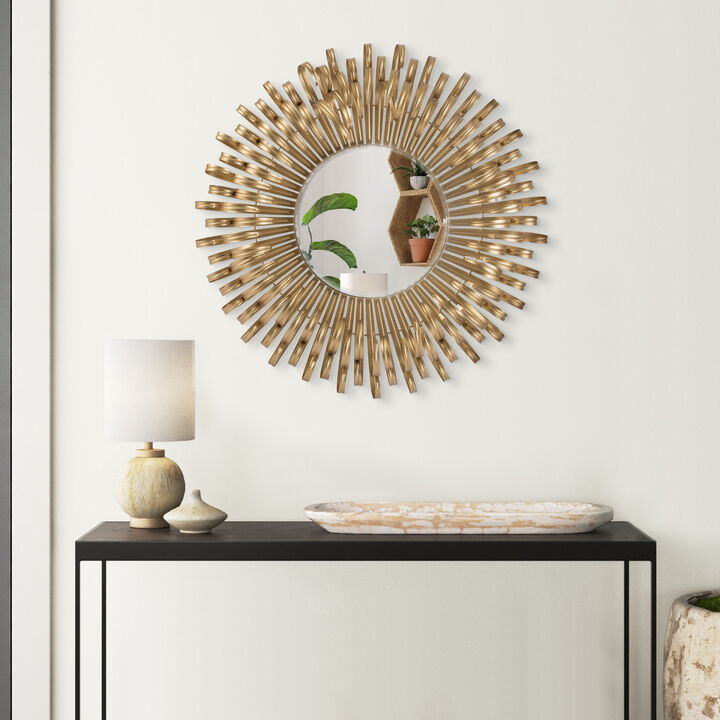 27 Inch Round Wall Mount Accent Decor Mirror, Sunburst, Iron Frame, Gold - Benzara