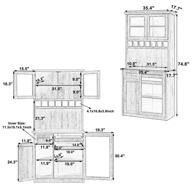 Merax  Freestanding Buffet with Hutch Tall Kitchen Pantry Storage Cabinet with Wine Rack and Adjustable Shelves for Dining Room image number 7