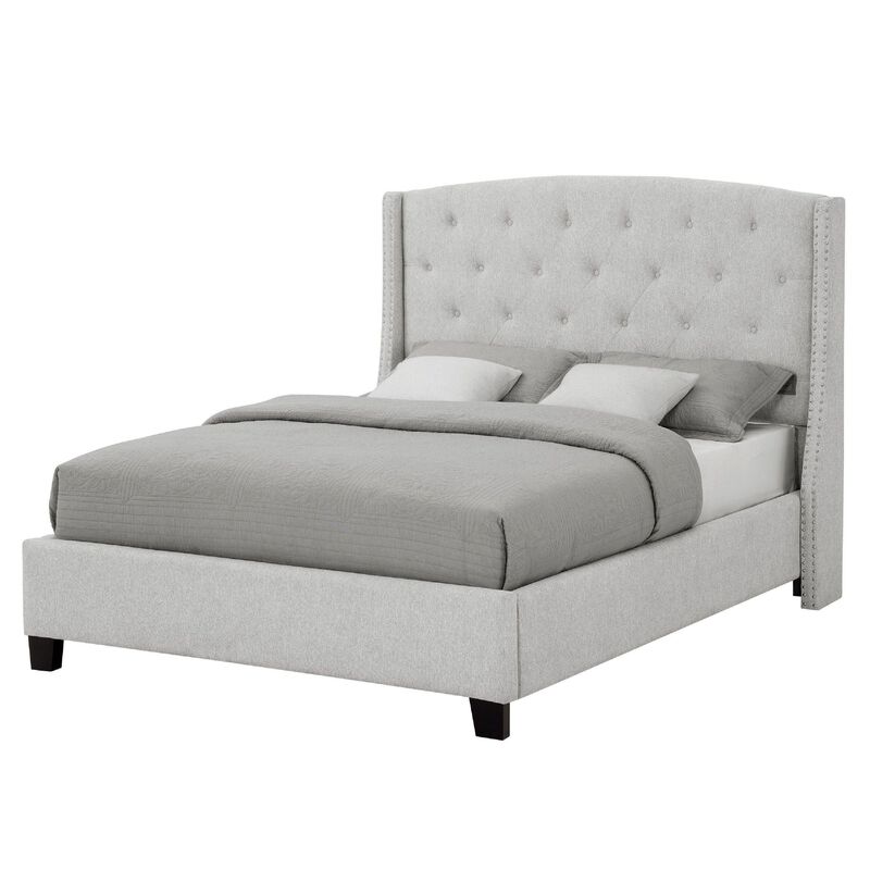 Elle Queen Size Bed, Tufted Wingback Headboard, Dove Gray Upholstery