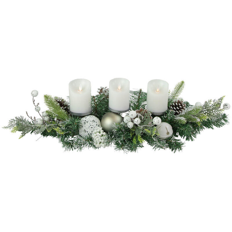 32" Green Frosted Pine Triple Candle Holder with Christmas Ornaments and Pinecones