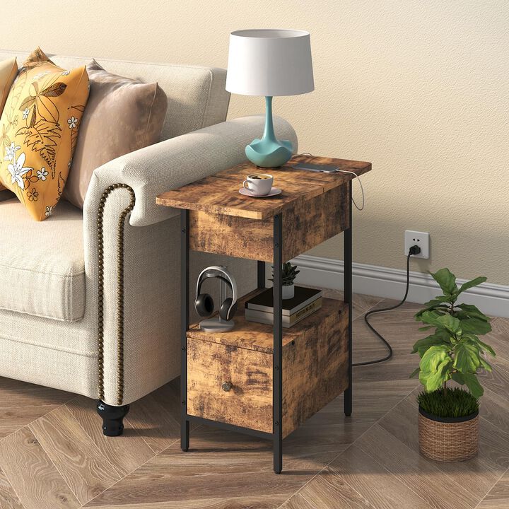 SOOWERY End Table with Charging Station, Narrow Side Table with Flip Top Cabinet and Fabric Drawer, Nightstand Bedside Tables fo