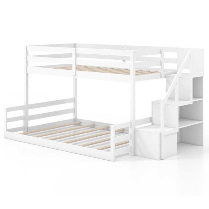 Hivvago Solid Wood Twin Over Full Low Bunk Bed with Storage Stairs