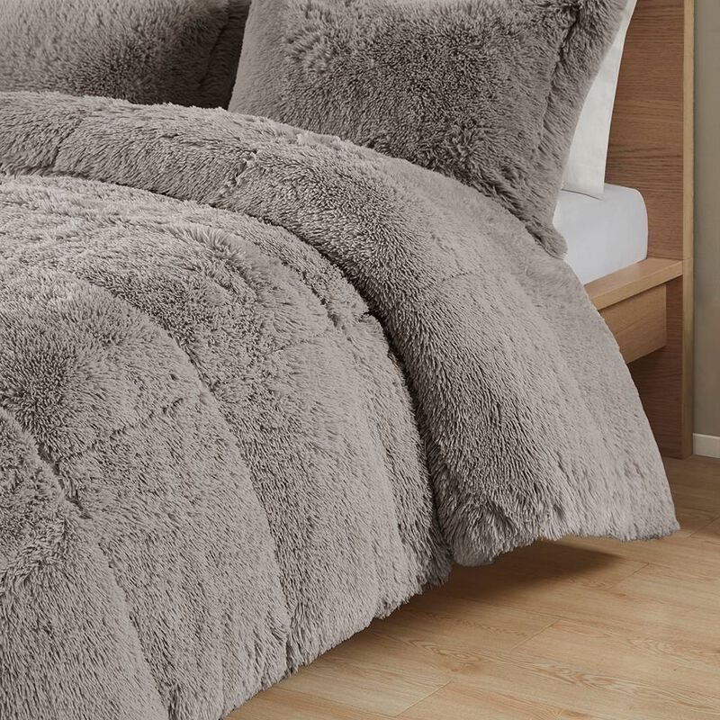 Twin/Twin XL Grey Soft Sherpa Faux Fur 2 Piece Comforter Set with Pillow Shams