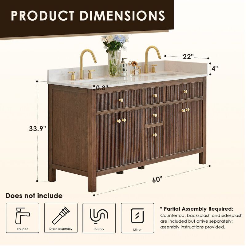 Altair-12 Double Bathroom Vanity in Brown Oak Grain White Engineered Stone Countertop