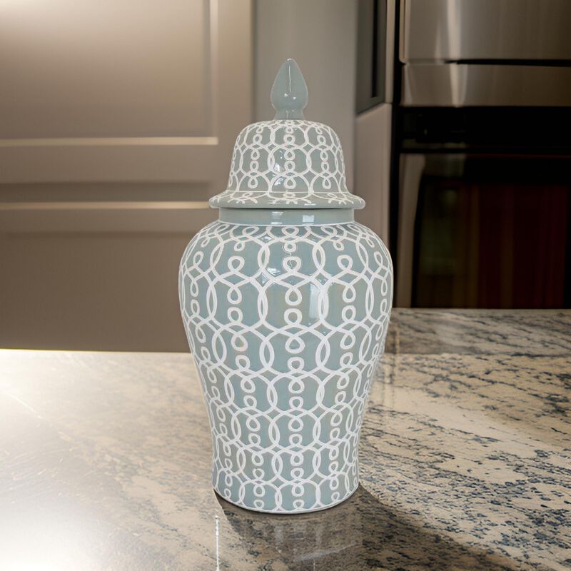 Deni 33 Inch Temple Jar, Removable Lid, Carved Pattern, Ceramic, Mint Green - Benzara