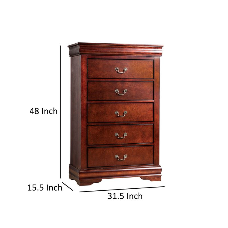 Ryla Tall Dresser Chest, 5 Drawers, Metal Handles, Cherry Brown Solid Wood - Benzara