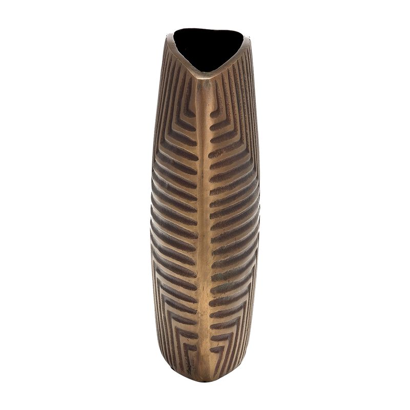 Ako 10 Inch Vase, Modern, Ribbed Body Design, Curved Top, Antique Brass - Benzara