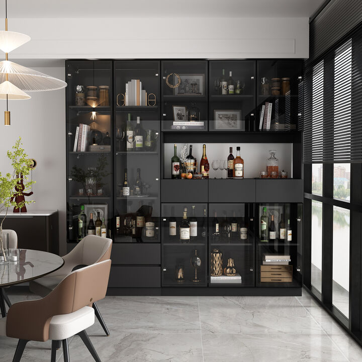 FUFU&GAGA Contemporary Black Pantry with Wine Storage, LED Lighting, Glass Doors, Touch Switch, (78.7" L x 14.2" W x 78.7" H),Black