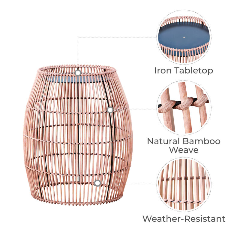 Teamson Home 20.24" Outdoor Open Weave Bohemian Bamboo Drum Side Table with Iron Top, Brown image number 2