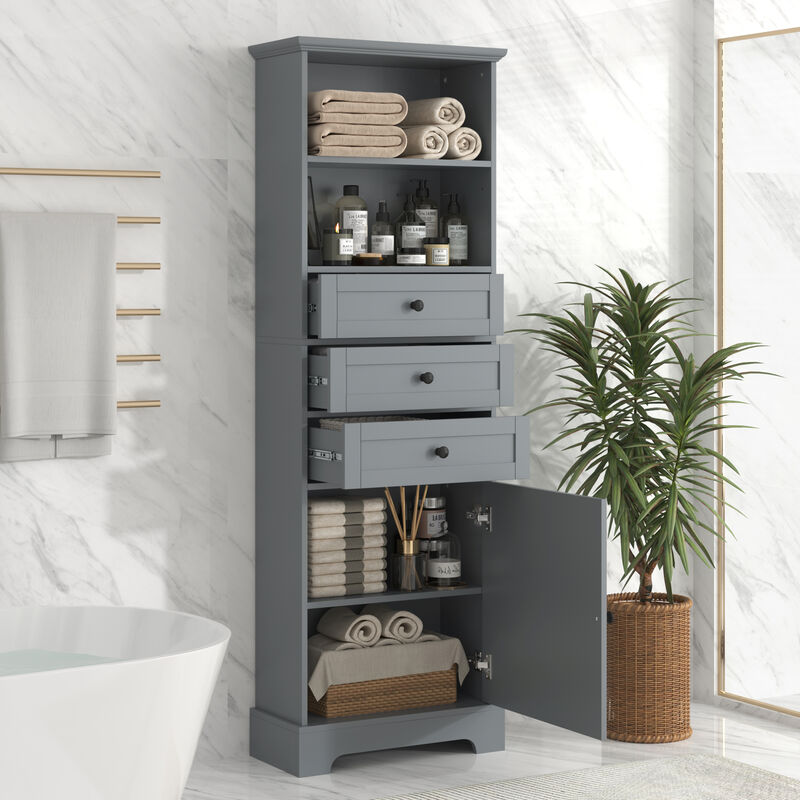 Merax Tall Storage Cabinet with 3 Drawers and Adjustable Shelves for Bathroom