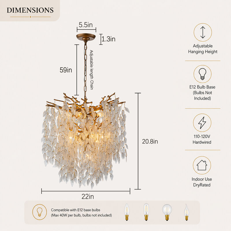 11-Light 22'' Modern Branch Chandelier with Glass Leaves in Painted Brass for Dining Room and Entryway image number 6