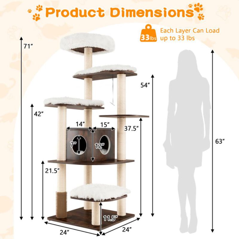 Hivvago 7-Layer Wooden Cat Tree Tall Cat Tower with Sisal Posts and Condo