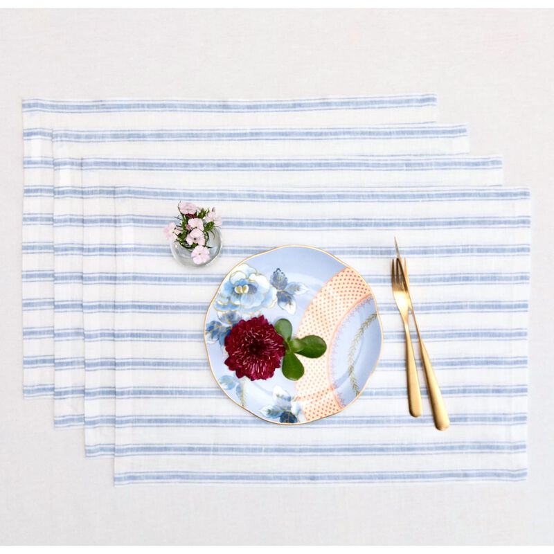 Solino Home Capri Ticking Stripe 100% Linen Placemats &ndash; Set of 4, 14 x 19 in, Machine Washable, Holiday and Everyday Dining