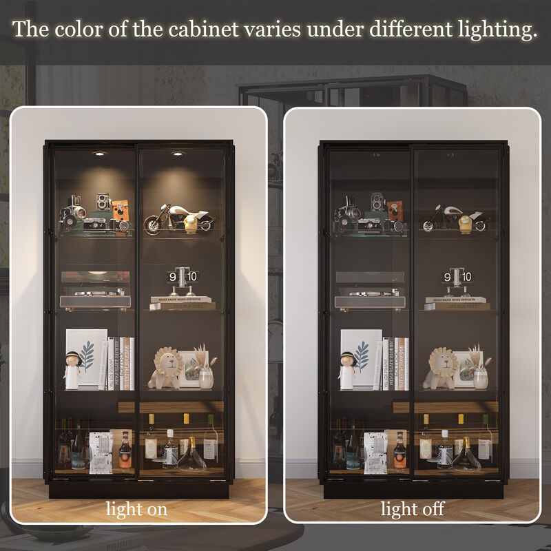 FUFU&GAGA Black Modern Bookshelf Tall Bookcase with 2 Glass Doors, Built-in Spotlights & Shelves for Office (39.4"W x 19.7"D x 75.2"H) image number 4