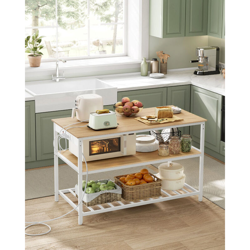 Kitchen Island with Power Strip and 3 Shelves for Practical Storage and Convenience